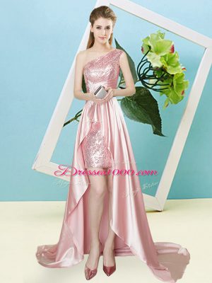 High End One Shoulder Sleeveless Prom Gown High Low Sequins Baby Pink Elastic Woven Satin and Sequined