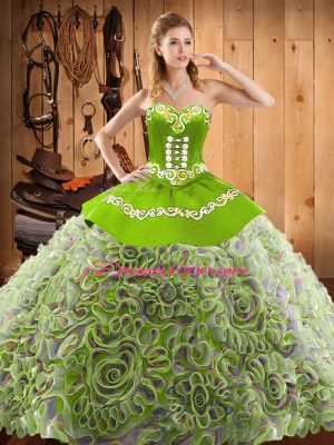 Dazzling Satin and Fabric With Rolling Flowers Sleeveless With Train Quinceanera Dresses Sweep Train and Embroidery