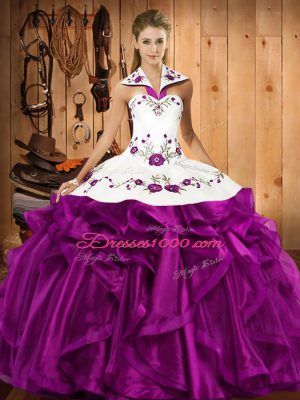 Admirable Eggplant Purple Sweet 16 Quinceanera Dress Military Ball and Sweet 16 and Quinceanera with Embroidery and Ruffles Halter Top Sleeveless Lace Up
