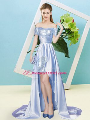 High Class Lavender Empire Sequins Dress for Prom Lace Up Elastic Woven Satin and Sequined Short Sleeves High Low