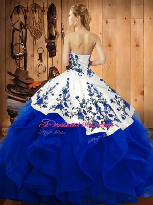 Blue Ball Gown Prom Dress Military Ball and Sweet 16 and Quinceanera with Embroidery and Ruffles Sweetheart Sleeveless Lace Up