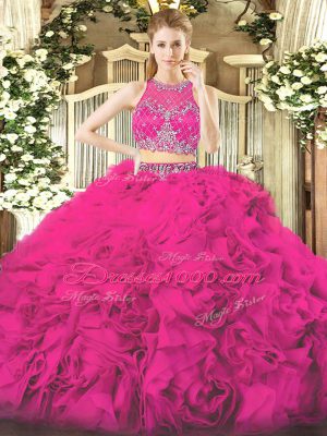 Exceptional Fuchsia Fabric With Rolling Flowers Zipper Scoop Sleeveless Floor Length Quince Ball Gowns Beading