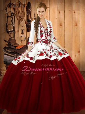 Extravagant Wine Red Satin and Tulle Lace Up Quinceanera Dresses Sleeveless Floor Length Embroidery