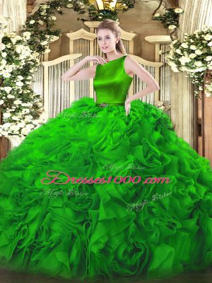 Green Clasp Handle Scoop Belt 15th Birthday Dress Fabric With Rolling Flowers Sleeveless