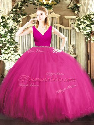 Affordable Fuchsia Ball Gowns Tulle V-neck Sleeveless Beading Floor Length Zipper Vestidos de Quinceanera