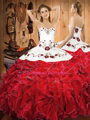 Ball Gowns Vestidos de Quinceanera White And Red Halter Top Satin and Organza Sleeveless Floor Length Lace Up