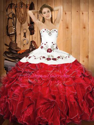 Ball Gowns Vestidos de Quinceanera White And Red Halter Top Satin and Organza Sleeveless Floor Length Lace Up