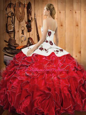 Ball Gowns Vestidos de Quinceanera White And Red Halter Top Satin and Organza Sleeveless Floor Length Lace Up