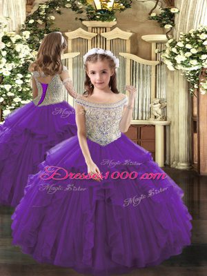 Fashion Purple Organza Lace Up Off The Shoulder Sleeveless Floor Length Custom Made Pageant Dress Beading and Ruffles