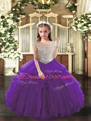Fashion Purple Organza Lace Up Off The Shoulder Sleeveless Floor Length Custom Made Pageant Dress Beading and Ruffles