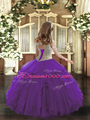 Fashion Purple Organza Lace Up Off The Shoulder Sleeveless Floor Length Custom Made Pageant Dress Beading and Ruffles