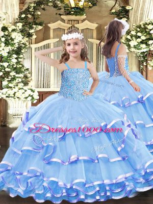 Excellent Floor Length Aqua Blue Pageant Dress for Teens Organza Sleeveless Beading and Ruffled Layers
