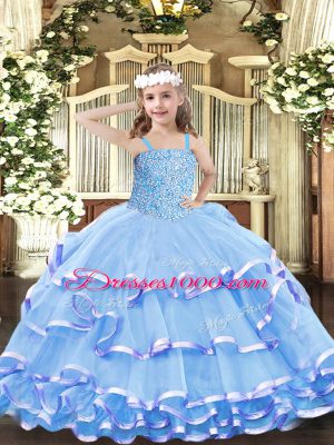 Excellent Floor Length Aqua Blue Pageant Dress for Teens Organza Sleeveless Beading and Ruffled Layers