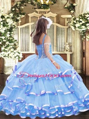 Excellent Floor Length Aqua Blue Pageant Dress for Teens Organza Sleeveless Beading and Ruffled Layers