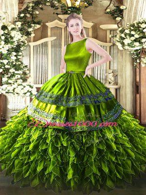 Customized Ball Gowns 15th Birthday Dress Olive Green Scoop Satin and Organza Sleeveless Floor Length Zipper