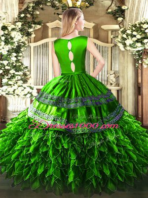 Customized Ball Gowns 15th Birthday Dress Olive Green Scoop Satin and Organza Sleeveless Floor Length Zipper