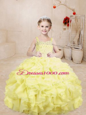Perfect Floor Length Light Yellow Womens Party Dresses Straps Sleeveless Lace Up