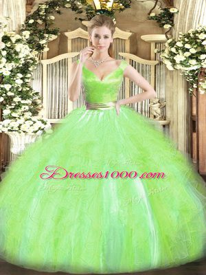 Sophisticated Yellow Green V-neck Zipper Beading and Ruffles Quinceanera Gown Sleeveless