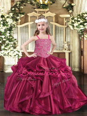 Fuchsia Ball Gowns Beading and Ruffles Pageant Dress Womens Lace Up Organza Sleeveless Floor Length