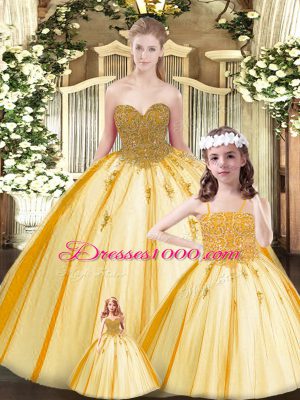 Tulle Sweetheart Sleeveless Lace Up Beading Quinceanera Gowns in Gold