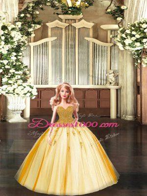 Tulle Sweetheart Sleeveless Lace Up Beading Quinceanera Gowns in Gold