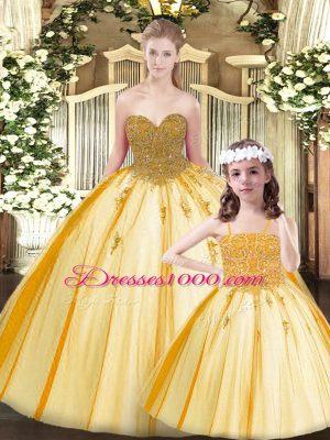 Tulle Sweetheart Sleeveless Lace Up Beading Quinceanera Gowns in Gold