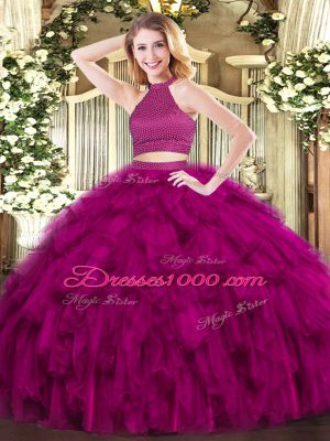 Fancy Fuchsia Sleeveless Floor Length Beading and Ruffles Backless Ball Gown Prom Dress