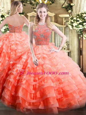 Luxurious Orange Red Ball Gowns Halter Top Sleeveless Organza Floor Length Zipper Beading and Ruffled Layers Sweet 16 Dresses