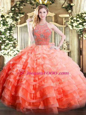 Luxurious Orange Red Ball Gowns Halter Top Sleeveless Organza Floor Length Zipper Beading and Ruffled Layers Sweet 16 Dresses