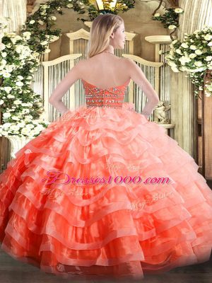Luxurious Orange Red Ball Gowns Halter Top Sleeveless Organza Floor Length Zipper Beading and Ruffled Layers Sweet 16 Dresses