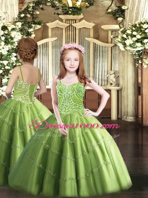 Classical Olive Green Ball Gowns Tulle Straps Sleeveless Beading Floor Length Lace Up Little Girls Pageant Gowns