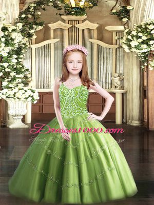 Classical Olive Green Ball Gowns Tulle Straps Sleeveless Beading Floor Length Lace Up Little Girls Pageant Gowns