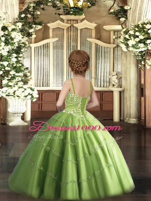 Classical Olive Green Ball Gowns Tulle Straps Sleeveless Beading Floor Length Lace Up Little Girls Pageant Gowns
