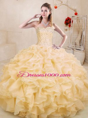 Spectacular Gold Lace Up Sweetheart Beading and Ruffles Ball Gown Prom Dress Organza Sleeveless