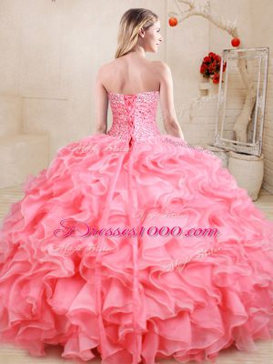 Spectacular Gold Lace Up Sweetheart Beading and Ruffles Ball Gown Prom Dress Organza Sleeveless