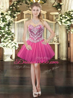 Romantic Hot Pink Lace Up Sweetheart Beading Quinceanera Dress Tulle Sleeveless