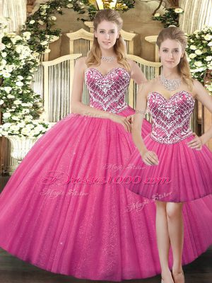 Romantic Hot Pink Lace Up Sweetheart Beading Quinceanera Dress Tulle Sleeveless