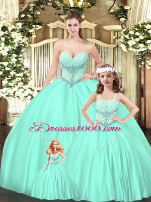Great Aqua Blue Sleeveless Floor Length Beading Lace Up Quinceanera Gowns