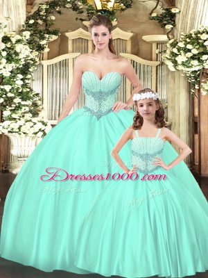 Great Aqua Blue Sleeveless Floor Length Beading Lace Up Quinceanera Gowns