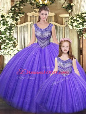 Hot Sale Sleeveless Floor Length Beading Lace Up Vestidos de Quinceanera with Eggplant Purple