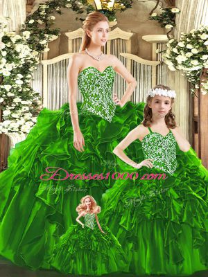 Extravagant Green Organza Lace Up Sweetheart Sleeveless Floor Length Quince Ball Gowns Beading and Ruffles