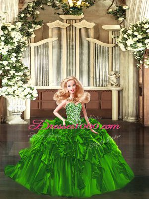 Extravagant Green Organza Lace Up Sweetheart Sleeveless Floor Length Quince Ball Gowns Beading and Ruffles