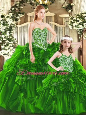 Extravagant Green Organza Lace Up Sweetheart Sleeveless Floor Length Quince Ball Gowns Beading and Ruffles