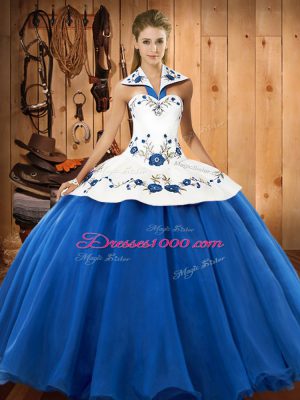 Halter Top Sleeveless Lace Up Quince Ball Gowns Blue And White Satin and Tulle