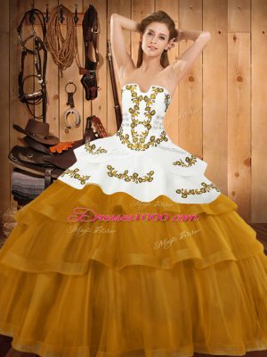 Modest Gold Tulle Lace Up Quinceanera Dresses Sleeveless Sweep Train Embroidery and Ruffled Layers