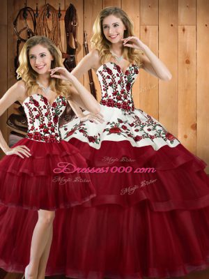 Cute Sweep Train Ball Gowns Sweet 16 Dresses Wine Red Sweetheart Organza Sleeveless Lace Up