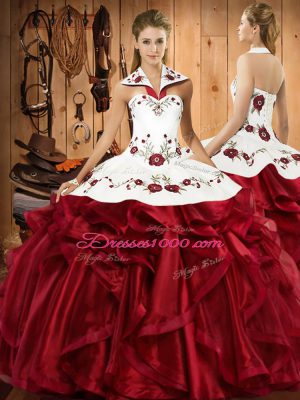 Ideal Wine Red Ball Gowns Organza Halter Top Sleeveless Embroidery and Ruffles Floor Length Lace Up 15 Quinceanera Dress