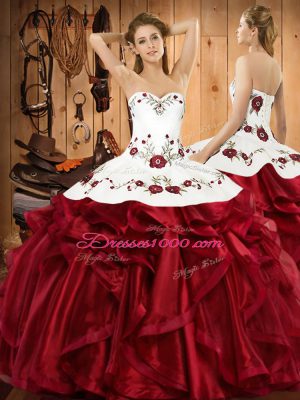 Ideal Wine Red Ball Gowns Organza Halter Top Sleeveless Embroidery and Ruffles Floor Length Lace Up 15 Quinceanera Dress