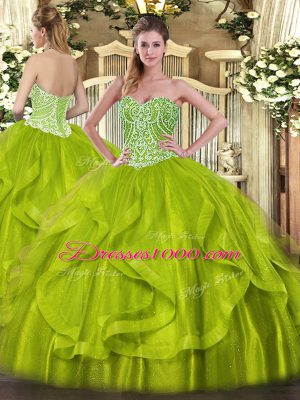Fabulous Yellow Green Ball Gowns Organza Sweetheart Sleeveless Ruffles Floor Length Lace Up Quinceanera Dress