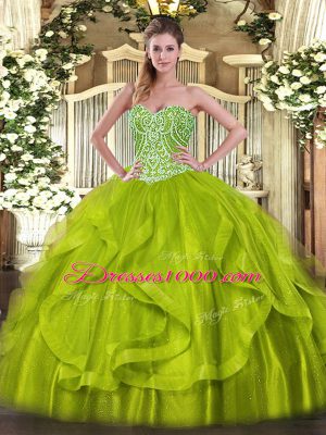 Fabulous Yellow Green Ball Gowns Organza Sweetheart Sleeveless Ruffles Floor Length Lace Up Quinceanera Dress